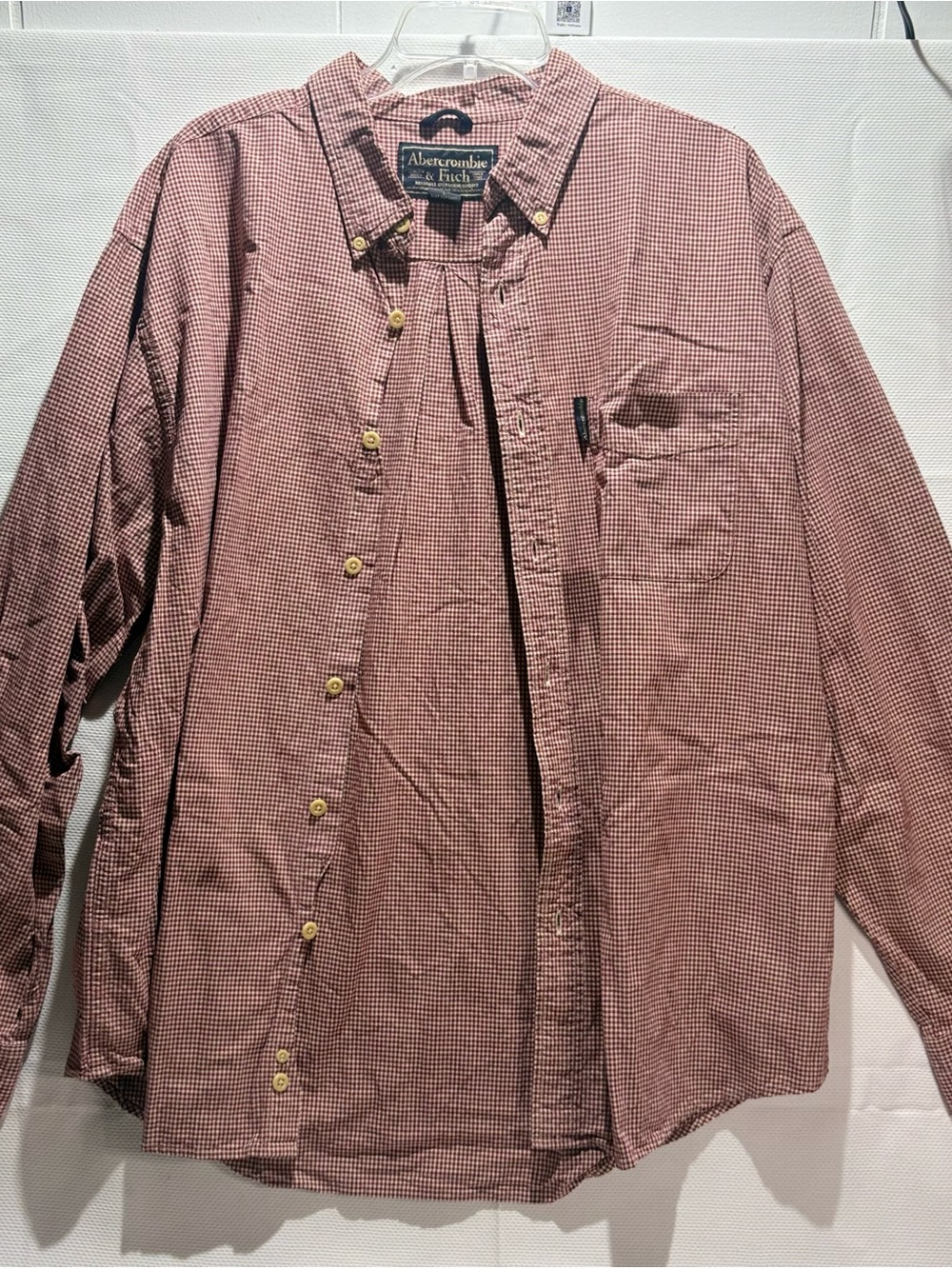 Vtg Abercrombie & Fitch Men’s Burgundy and White Micro-Check Button-Down Shirt